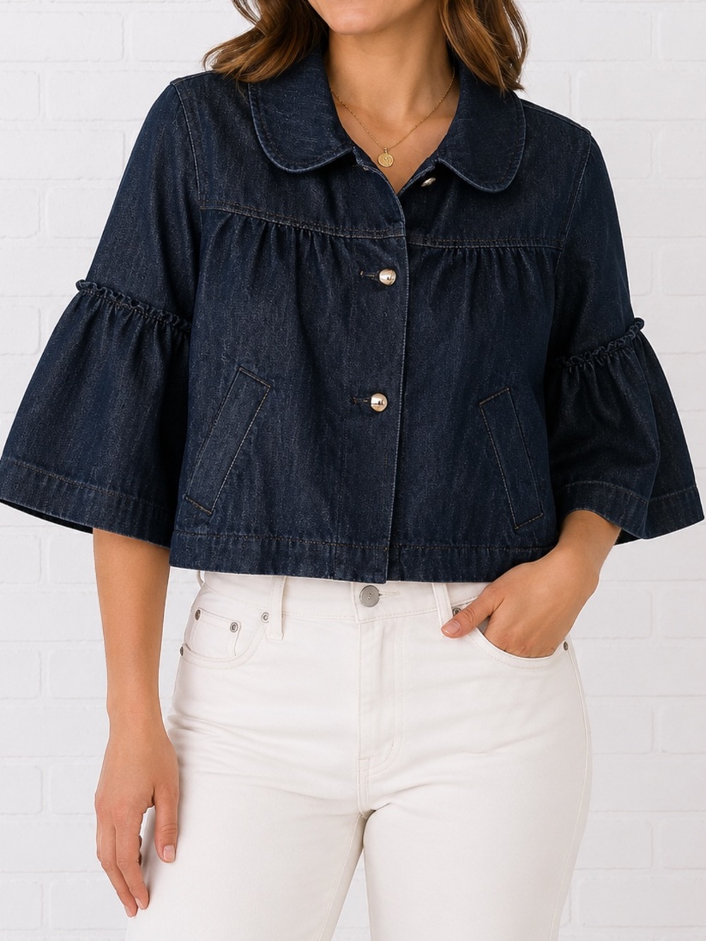 Ann Taylor Denim Cropped Swing Jacket Small Bell Sleeve Peter Pan Collar